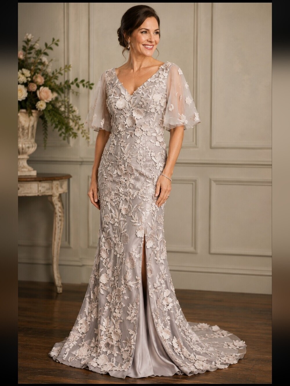 MGNY Floral Appliqué Mermaid Gown Mother of the Bride Formal Dress NWOT